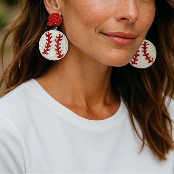 Baseball Earrings Sports Mom Seed Beads Red White - Picture 2 of 3